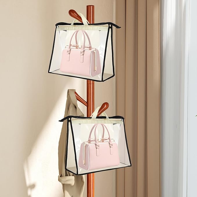 5 PCS Hanging Handbag Storage Organizer Non-Woven Transparent Dust-proof Homewares Purse Wallet Closet Storage Bag with Zipper and Handle (XL) ﻿