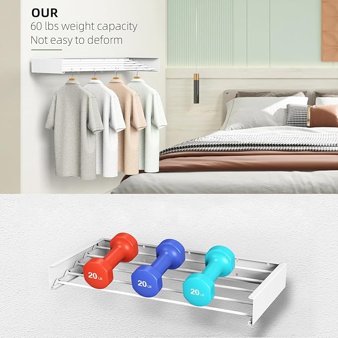 Laundry Drying Rack Collapsible, Wall Mounted Clothes Drying Rack, Space Saving Drying Rack for Laundry, 40" Wide, 16.5 Linear Ft, 5 Aluminum Rods, 60 lb Capacity (White 40")