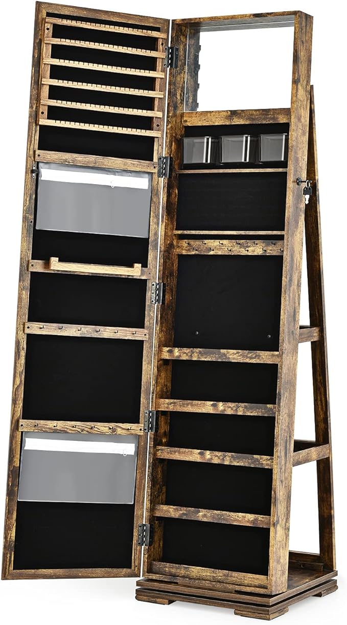CHARMAID 360° Swivel Jewelry Armoire with Higher Full Length Mirror, Standing Lockable Jewelry Cabinet Organizer, Large Storage Capacity, Inside Makeup Mirror, Back Storage Shelves (Rustic Brown)