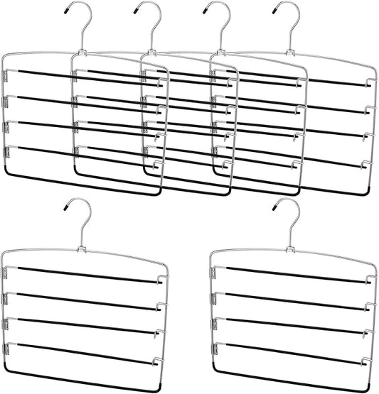 JAPCHET 6 Pack Non Slip Space Saving Pants Hangers - 5 Layers Stainless Steel Swing Arm Clothing Hangers Closet Organizer for Scarfs, Trousers, Ties, Black