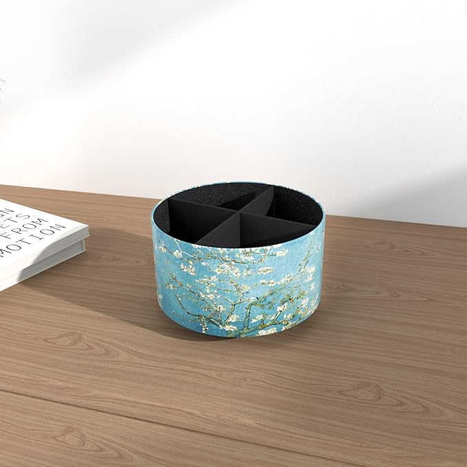 Hennaja Round Leather Art Supply Organizer,Remote Control Holder,360 Degree Rotating,Multi-Functional Pencil Holder,4 Compartments Desktop Stationary Organizer(1-Peach Blossom)