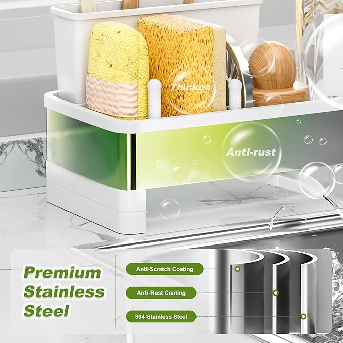 Stainless Steel Sink Caddy, Sponge Holder for Kitchen Sink with Brush Holder & Dishcloth Rack, Rustproof Organizer Countertop, Soap Dispenser Kitchen Organizers Storage Essentials, White