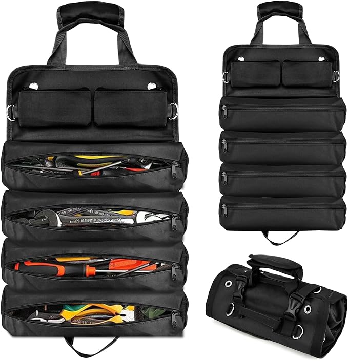 Roll-Up Tool Bag Heavy-Duty Waterproof - 4 Compartments & 2 Detachable Pouches | Compact Tool Organizer for Mechanics, RV & Motorcycle Storage, Handyman & Electricians (Black, Large)
