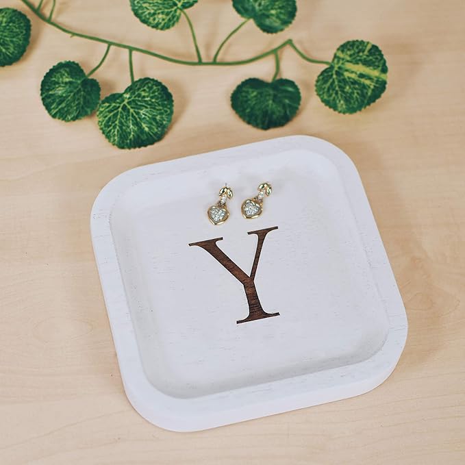 I'm Wooden Personalized Letter Catchall Valet Tray Trinket Dish Jewelry Tray Key Bowl Decorative Plate Organizing Ring Earrings Necklaces Bracelet Watch Coins Wallet Holder (6"x6" Sq White Y)