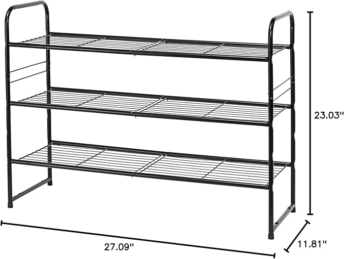 Shoe Rack, Closet Metal Wire 3 Tier 27”Long Shoe Organizer Shelf for Entryway,Stackable, Black