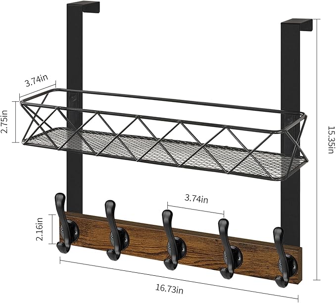 YINMIT Over The Door Hooks Organizer, Over The Door Hanger with Basket, Over The Door Towel Rack with 5 Metal Hooks, Over Door Hanger for Bathroom, Bedroom, Kitchen
