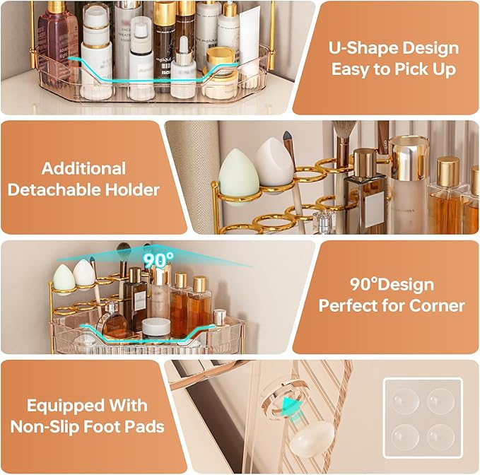 Corner Bathroom Counter Organizer with Makeup Brush Holder & Toothbrush Holders, Makeup Organizer for Vanity Countertop, Acrylic Skincare Storage Shelf (Amber, 3-Tier)