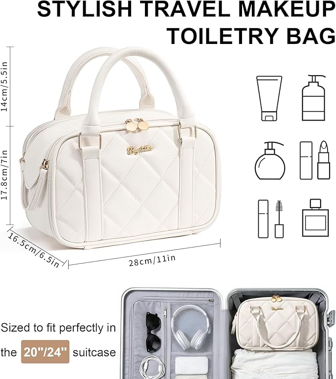 Travel Makeup Bag, Large Capacity Quilted Toiletry Bag for Women Stand-up Cosmetic Bag Open Flat Make Up Case Organizer Portable Pouch Purse w/Handle for Traveling Accessories Ivory White
