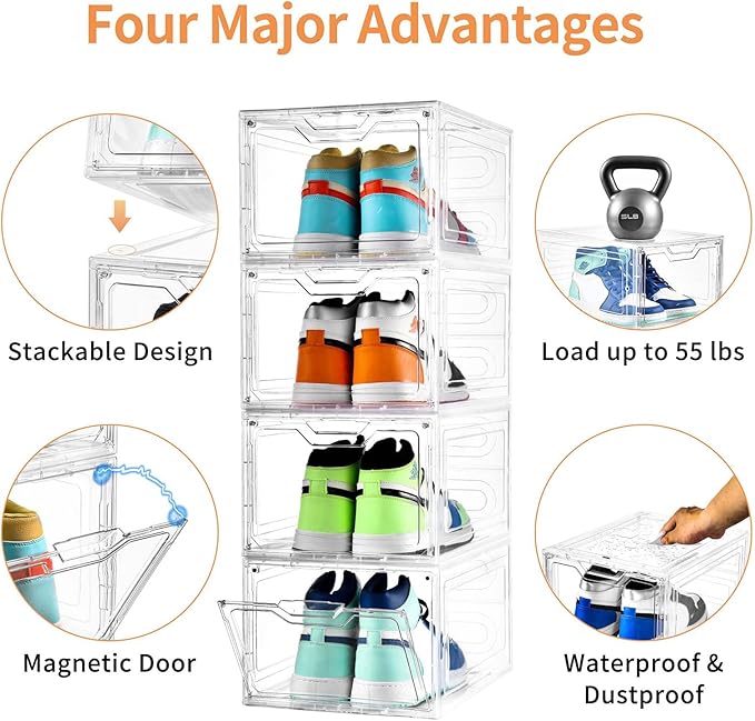 10 Pack Large Shoe Boxes Clear Plastic Stackable,Shoe Storage Organizer with Lids,Shoe Rack for Closet,Shoe Organizer and Shoe Containers for Sneaker Storage, Shoe Display Case Fit up to US Size 13