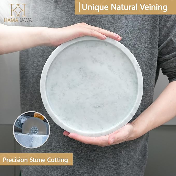 Natural Marble Bathroom Vanity Tray, Large Round Sink Tray 9.5 inch, Carrara White Limestone Dresser Tray, Modern Countertop Organizer for Soap Dispenser, Kitchen Counter, Home Decor