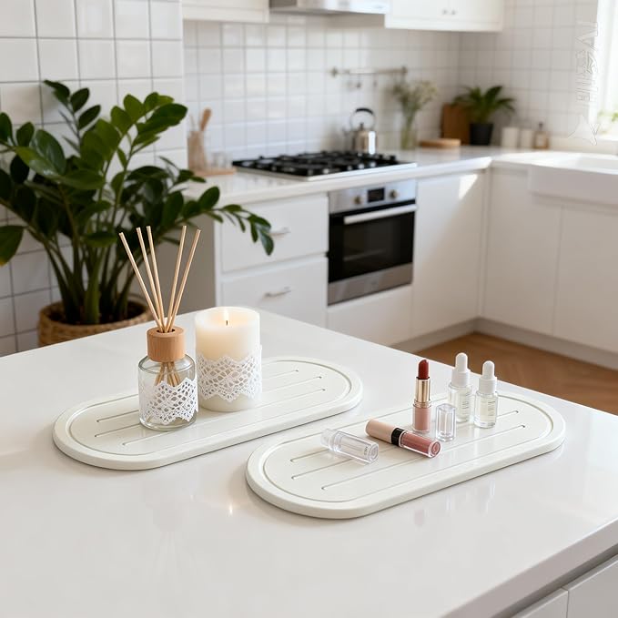 2PCS Water Absorbing Stone Drying Tray Mat for Bathroom Sink & Kitchen Counter Faucet Organizer Decor, Quick Dry Dish Soap Dispenser Sponge Holder, Vanity Sink Caddy Coaster,White -10"*3.8"