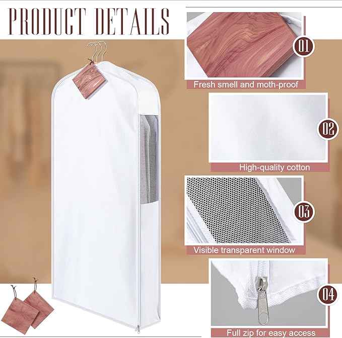 2 Sets 40'' x 24'' x 6'' Short Cotton Garment Bags for Hanging Clothes and Storage, 8 Cedar Blocks for Fresh Smell and Moth Protection, Breathable Covers for Closet Suits Fur Coats Sweaters