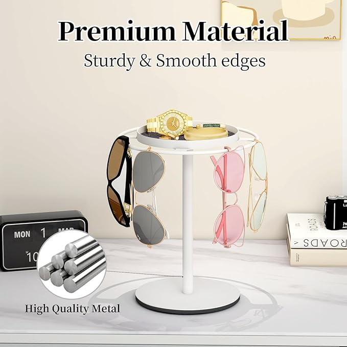 LSK Metal Sunglasses Organizer, Glasses Holder Stand with Storage Tray, Eyeglasses Holder with Anti-Slip Pads for Tabletop, Desk, Dresser, White
