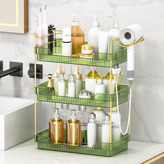 Bathroom Counter Organizer with Hair Dryer Holder and Toothbrush Holder, Acrylic Vanity Tray for Skincare, Perfume, Makeup Storage on Countertop ＆ Dresser (Green, 3-Tier)