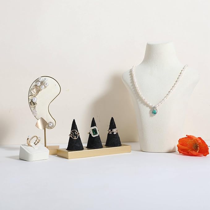 GemeShou black jewelry ring display holder for selling, velvet ring cone display stand, cute cone shaped ring holder with golden coated base,Small jewelry ring storage organizer【Ring holder-black】