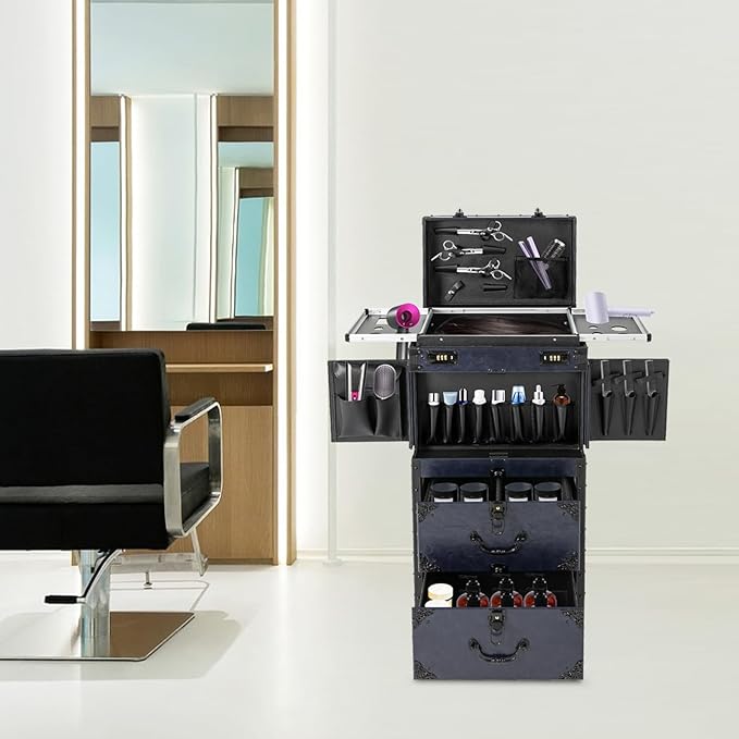 Rolling Makeup Case with Wheels and Locks, Cosmetology Case Makeup Train Case for Salon Barber Large Beauty Salon Luggage Rolling Lockable Makeup Train Extendable Tray Hairdressing (Style 2)