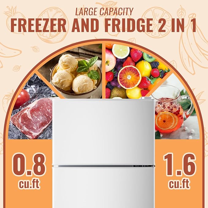 Small Refrigerator Mini Fridge with Double Doors & Separate Freezer & 7 Adjustable Temperature Control, Tiny Size & Personal Fridge Ideal for Office Apartment Dorm White