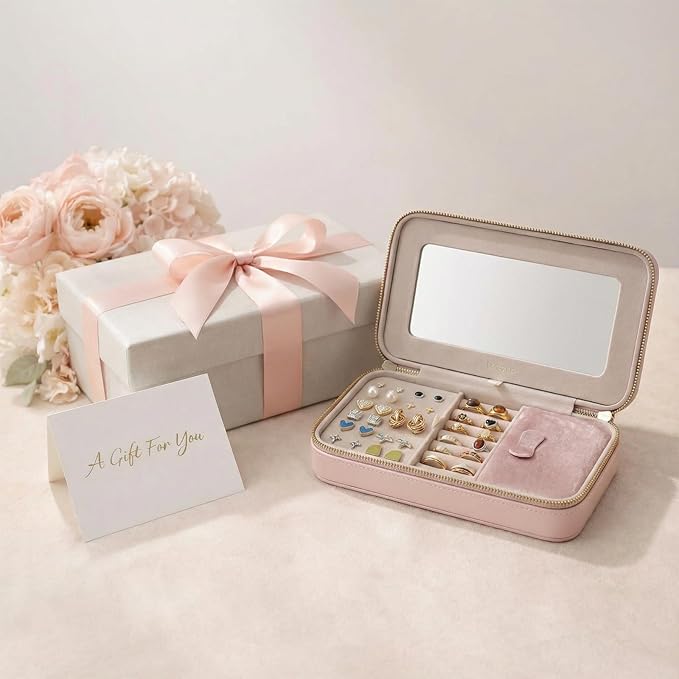 Travel Jewelry Case with Mirror, Quilted Small Jewelry Box Organizer for Women Girls, Portable Earring Necklace Bracelet Ring Holder Storage for Travel, Gifts for Her (Blush Pink)