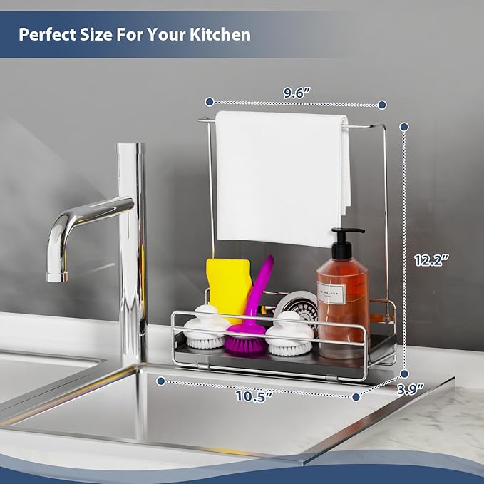KABUM 304 Stainless Steel Sponge Holder with Towel Rack for Kitchen Sink, Sink Caddy with 4 Non-Slip Silicone Pads, Kitchen Essential Countertop Storage & Organization, Rustproof 304 Stainless Steel