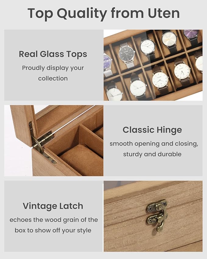 Uten 10-Slot Watch Box, 2-Layers Solid Wood Watch Display Case with Glass Lid, Watch Holder Organizer with Soft Pillow and Velvet Lining, Watch and Jewelry Storage Box, Brown
