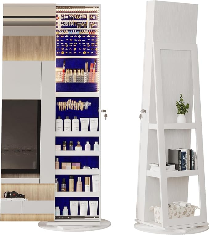 LVSOMT 360° Swivel Jewelry Mirror Cabinet with Lights, Standing Jewelry Armoire Organizer, 63" Rotatable Full-Length Mirror with Jewelry Storage, Lockable with Back Storage Shelve, White