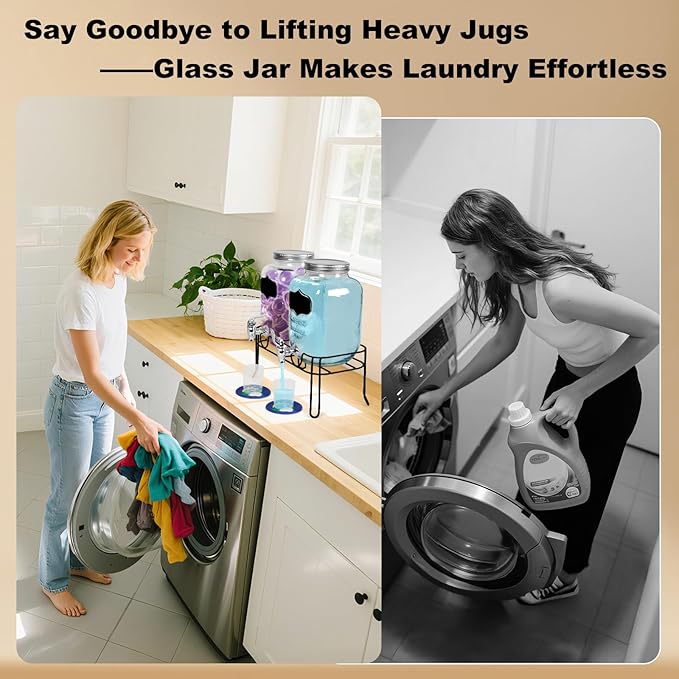 2-Pack 1.25 Gallon Glass Laundry Detergent Dispensers with Stainless Steel Faucets - Effortless Pouring, with Screw Lid, Stand, and Rubber Drip Mats for Fabric Softener & Laundry Soap
