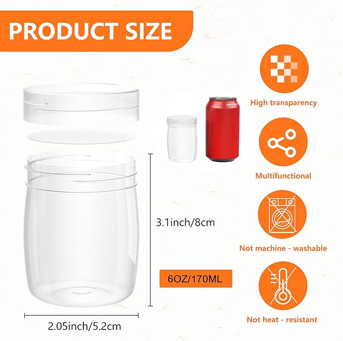 ihomecooker Mini Pudding Jars 82Pack, 6oz/170ml Plastic Favor Jar with Lids, Candy jars,Yogurt Containers with Pressure Sensitive Seal, Mason Jar,Jam,Bath Salt Jars Wedding Favors Honey Pot