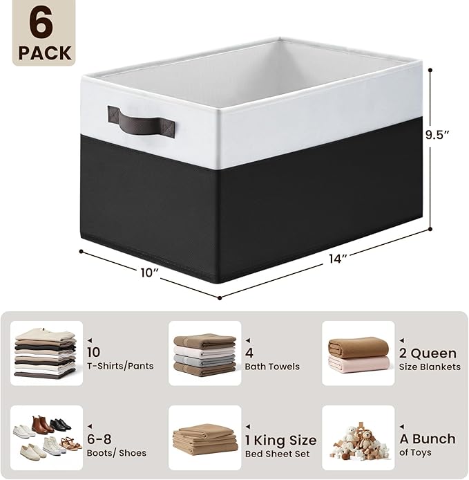Criusia 6 Pack Closet Organizers and Storage Bins, Cute Dorm Room Essentials for Clothes Beddings Bags, Under Bed Storage Containers, Apartment Essentials Baskets for Organizing (14L*10W*9.5H)