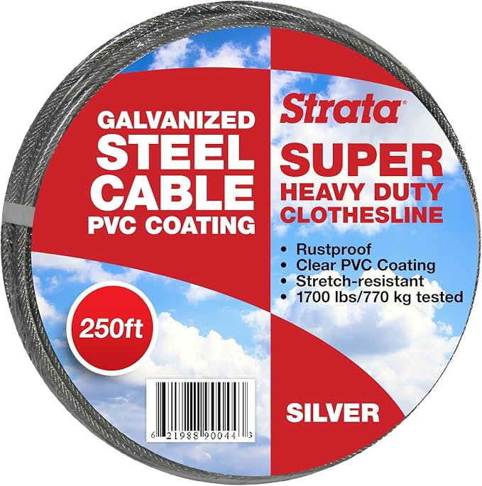 Strata Super Heavy Duty Clothes Line Outdoor – 250 FT Rustproof & PVC-Coated Clothesline Wire, Gentle on Laundry, Easy to Install, Durable Cable – Perfect for Outdoor Drying (Silver
