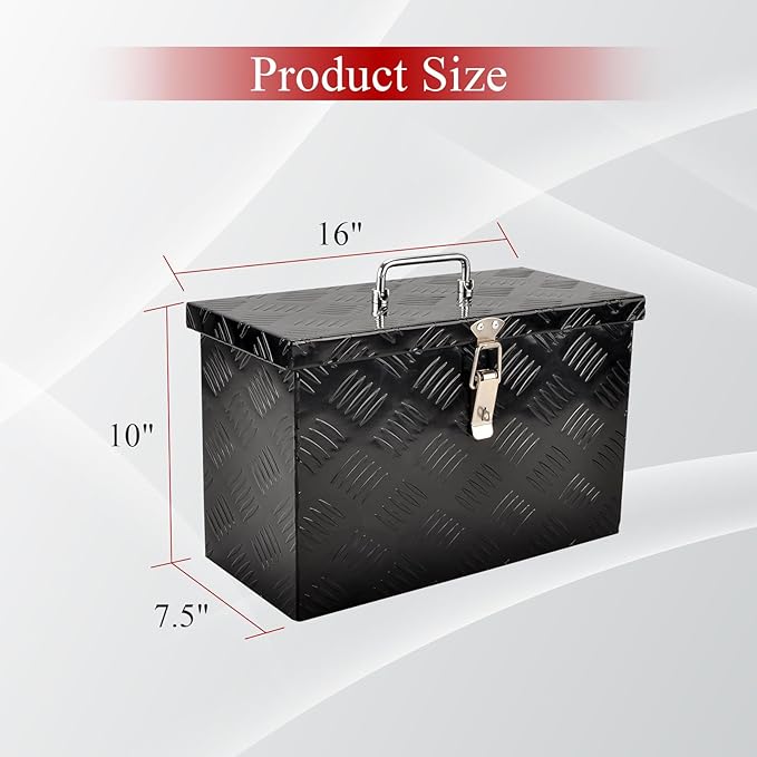 16''Inch Aluminum Truck Tool Box Truck Bed Toolbox Truck Trailer Chest Box Trailer Underbody Storage Organizer Waterproof Square Storage Organizer w/Lock & Keys Black(‎16" Lx7.5 Wx10 H)