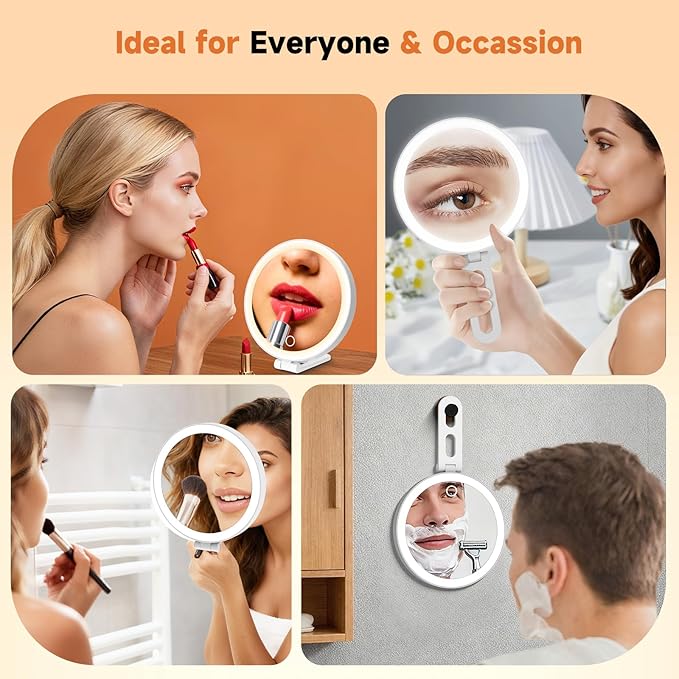 Travel Makeup Mirror with Lights, Lighted Magnifying Mirror 10X, 4-in-1 Portable for Handheld, Tabletop, Hanging and Wall Mount with Suction Cup and 3 Color Light, Ideal Gift for Women and Seniors