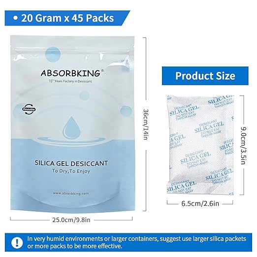 Moisture Absorbers, Premium Transparent Desiccant for Storage, Silica Gel Desiccant Packets (20G, 45)