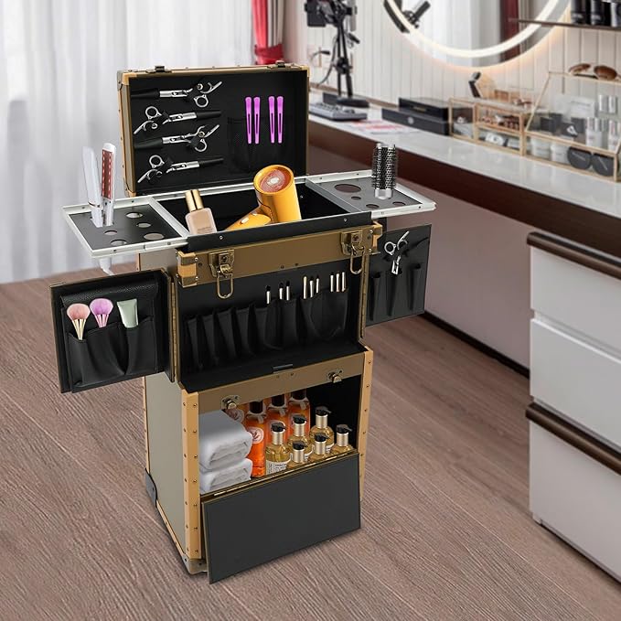 Rolling Makeup Case Large Storage Cosmetic Trolley, Rolling Lockable Makeup Train Case, Stylist Beauty Salon Cosmetic Luggage Travel Organizer Tool Box with Hair Dryer Holder (Gold)