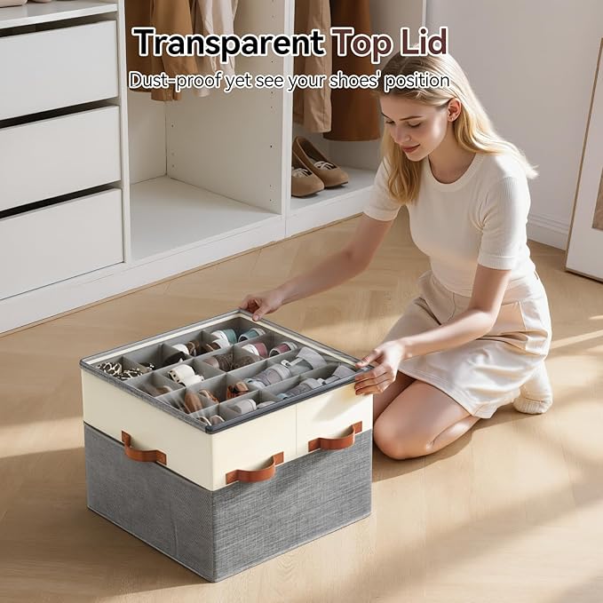 Lewondr Shoe Organizer for Closet, 2 Pack Foldable Shoe Storage Box with Adjustable Dividers and Clear Cover, Space Saving Shoes Holder with 4 Handles, Fits up to 32 Pairs, Beige+Gray