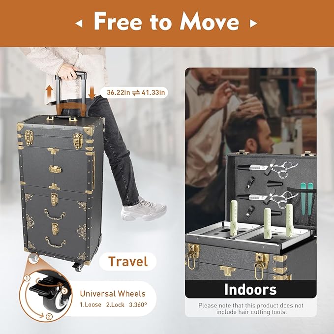 Rolling Lockable Makeup Train Case,Large Cosmetic Organizer Train Case Makeup Travel Case with 360° Swivel Wheels, Trolley Makeup Travel Organizer,Black