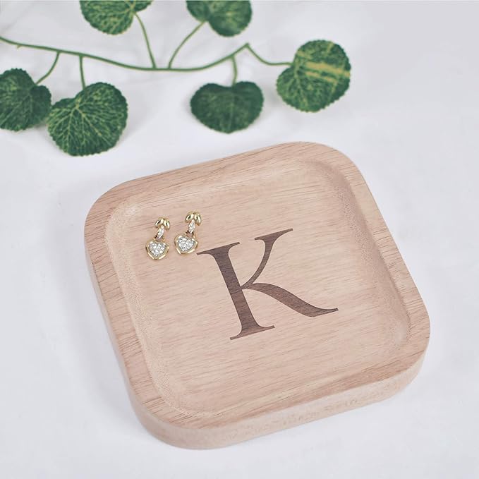 I'm Wooden Personalized Letter Catchall Valet Tray Trinket Dish Jewelry Tray Key Bowl Decorative Plate Organizing Ring Earrings Necklaces Bracelet Watch Coins Wallet Holder (6"x6" Sq Natural K)
