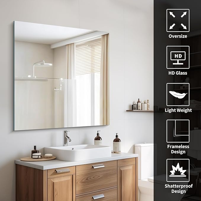 CILIBER Frameless Mirror, 39x39 inch Square Bathroom Mirrors for Wall, Upgraded Shatterproof Vanity Mirror Over Sink with Polished Edge for Bathroom,Bedroom,Living Room and Entryway