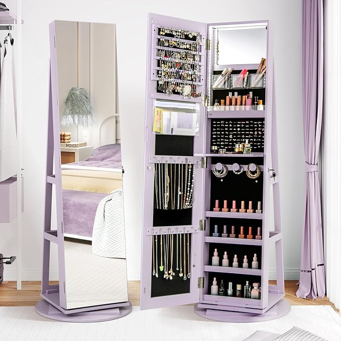 CHARMAID 360° Swivel Jewelry Armoire with Full Length Mirror, Rear Storage Shelves, Lockable Standing Jewelry Cabinet Organizer with Interior Vanity Mirror and 3-Color Lights (Lavender)