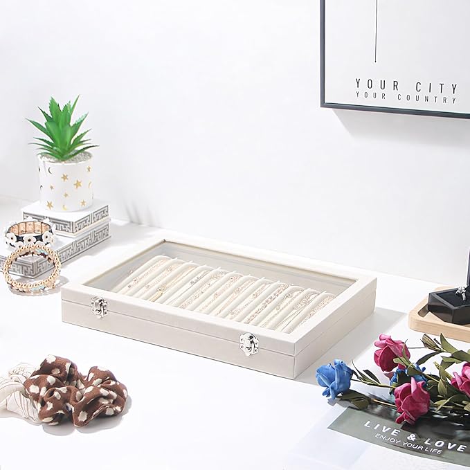 14 Hooks Necklace Storage Tray, Velvet Neckalce Organizer Box with Clear Lid, Pendant Chain Necklace Jewelry Organizer Drawer Tray for Women Girls (Beige)