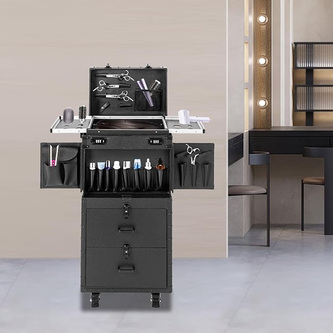 Rolling Lockable Makeup Train Case,Professional Makeup Train Case,Aluminum Cosmetic Case with 360° Swivel Wheels,Multifunction Cosmetics Trolley Train Case