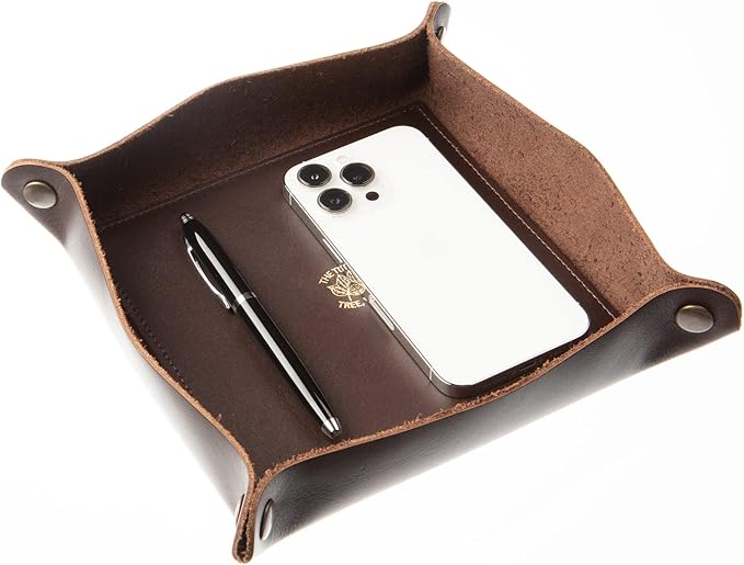 USA Handmade Premium Leather Valet Tray, Folds Flat! Dice Rolling Basket and Organizer with Brass Snaps (Dark Walnut Brown, Large)