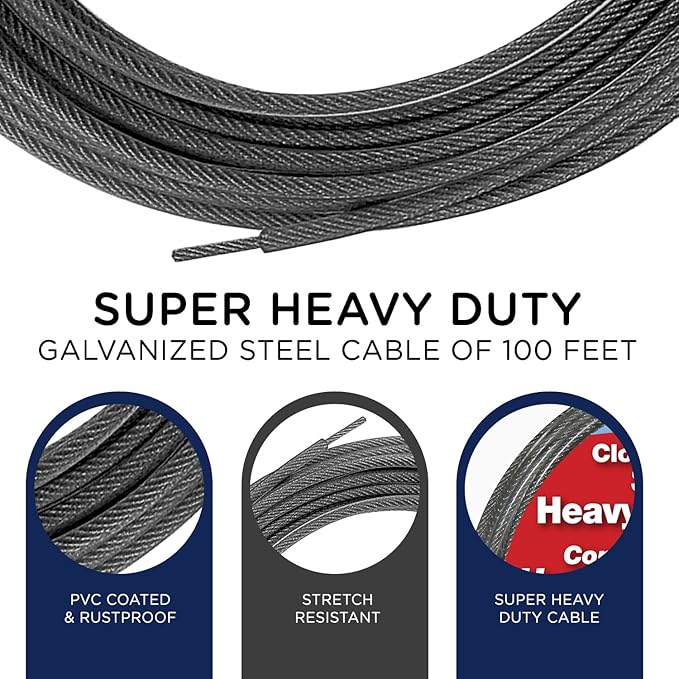 Strata 100 Feet Clothesline Outdoor Heavy Duty Galvanized Wire Steel Cable, Silver PVC Coating - Clothes Line Wires for Outside Laundry Drying