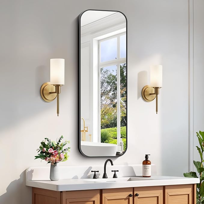 FORBATH Bathroom Mirror 48" x 16", Rectangle Black Bathroom Mirror with Black Aluminum Frame Rounded Corner, Wall Mounted Mirror for Bedroom Entryway Living Room