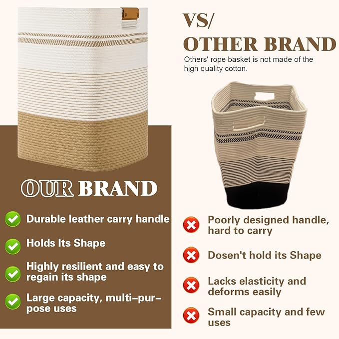 Laundry Hamper, 95L Tall Laundry Basket with Leather Handles, Rectangle Large Clothes Hamper for Organizing, Cotton Woven Laundry Baskets Storage Hampers for Bedroom, Nursery, Living Room