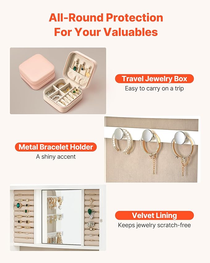 VEVOR Mirror Jewelry Cabinet, 42.5-inch Tall, Full-Length Mirror with Storage, Wall Mount/Over the Door Jewelry Armoire Organizer, Rounded Design, Lockable with 2 Keys and a Travel Organizer, White