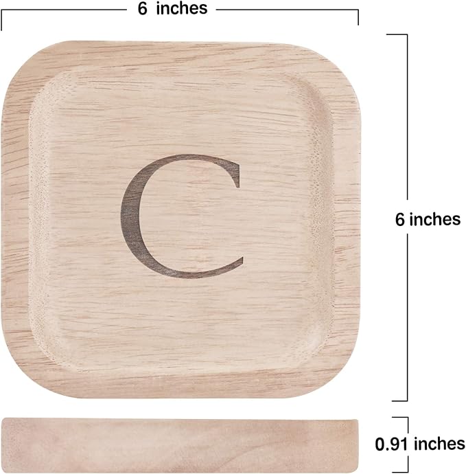 I'm Wooden Personalized Letter Catchall Valet Tray Trinket Dish Jewelry Tray Key Bowl Decorative Plate Organizing Ring Earrings Necklaces Bracelet Watch Coins Wallet Holder (6"x6" Sq Natural C)