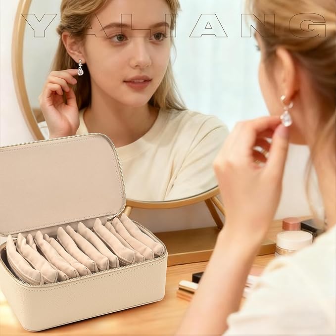 Travel Jewelry Box,Jewelry Travel Organizer for Women, Travel Jewelry Case with 12pcs Velvet Jewelry Pouches for Necklaces Rings Earrings Sorting Storage(Beige