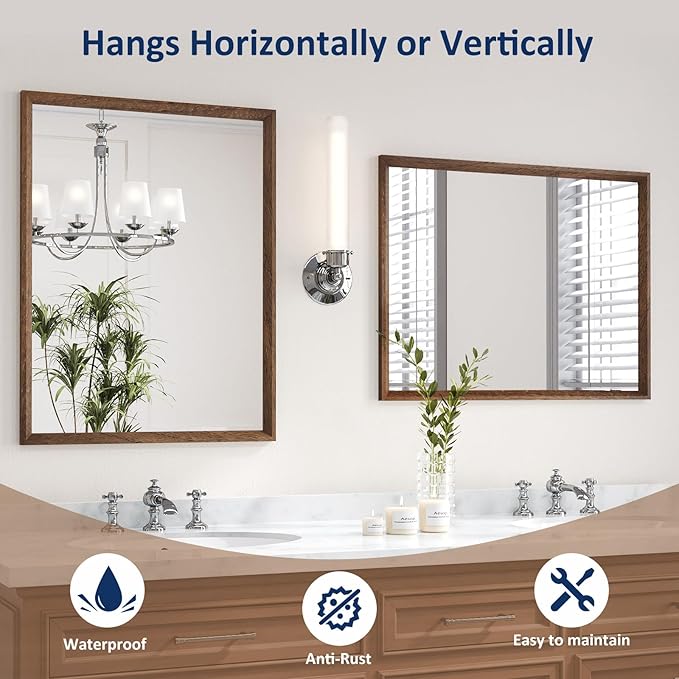 WEER Bathroom Mirror, 28x36 Inch Wall Mirror, Walnut Wood Grain Framed Mirror, Rectangle Vanity Mirror, Tempered Glass, Anti-Rust, Hangs Horizontally or Vertically