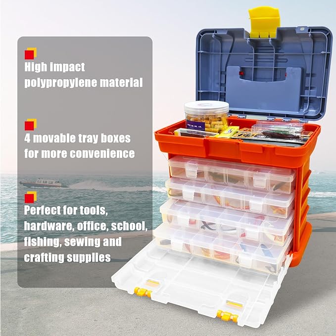BIG RED AG2154CR Tackle Box Organizer: Portable Storage Tool Box with 4 Drawers and 19 Compartments Each for Hardware, Fish Tackle, Beads and more, Red