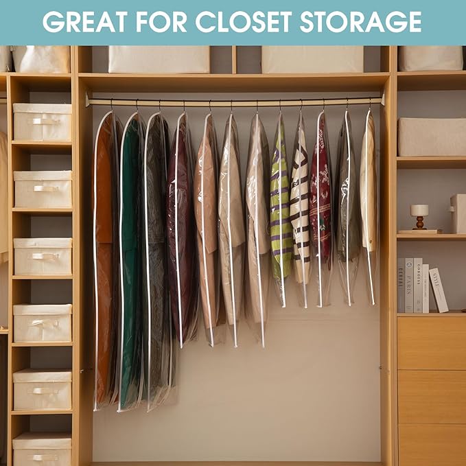 All Clear Garment Bags for Hanging Clothes, 48" Suit Bags for Closet Storage, Plastic Dustproof Suit Cover Bags, Clothes Protectors Bag with zipper for Coats, Jackets, Shirts（10 Packs）